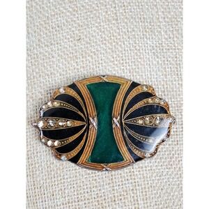 Vintage PIERRE BEX Art Deco Revival Enamel Rhinestone Resin Pin Trombone Clasp
